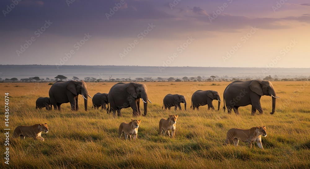 Elephants and Lions Roaming in Savannah Landscape Elephants and Lions Roaming in Savannah Landscape