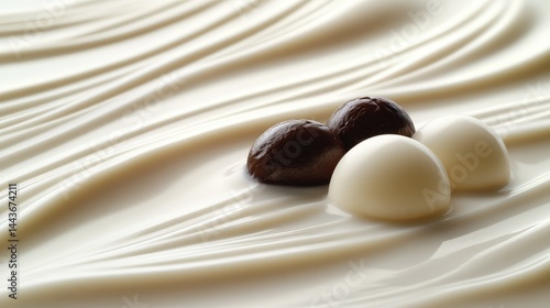 Milk chocolate and dark chocolate truffles on a swirled milk chocolate surface