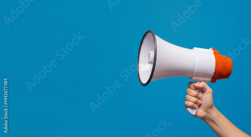 Hand Holding Orange and White Megaphone on Clean Blue Background