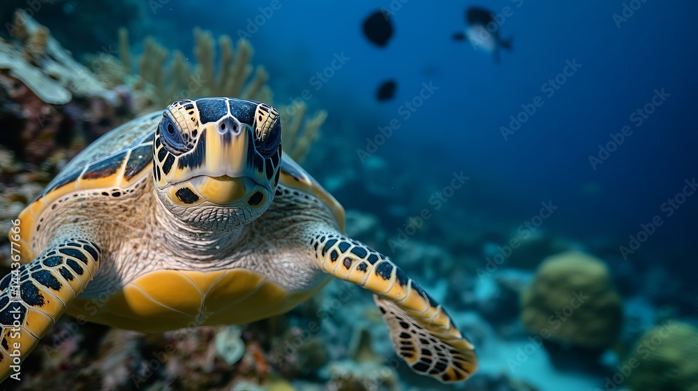 Obraz premium The Hawksbill sea turtle, the most beautiful resident of Cozumel Island's coral reefs, gliding gracefully through the vibrant underwater ecosystem.