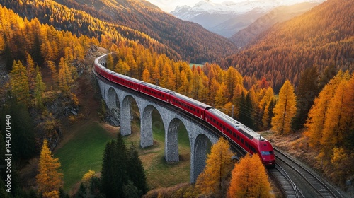 Aerial view of the red Bernina Express train crossing the Kreisviadukt (Brusio Spiral Viaduct) in the Swiss Alps during sunset in autumn. The scene includes top views of the train