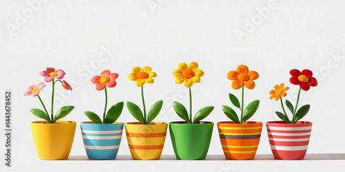 Wallpaper Mural digital illustration featuring a row of eight potted flowers against a plain white background  Torontodigital.ca