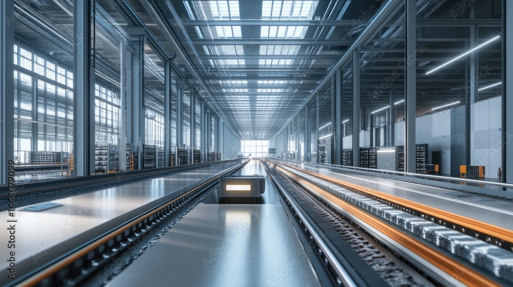Futuristic Factory Conveyor System: Automated Production Line in Modern Industrial Facility Futuristic Factory Conveyor System: Automated Production Line in Modern Industrial Facility