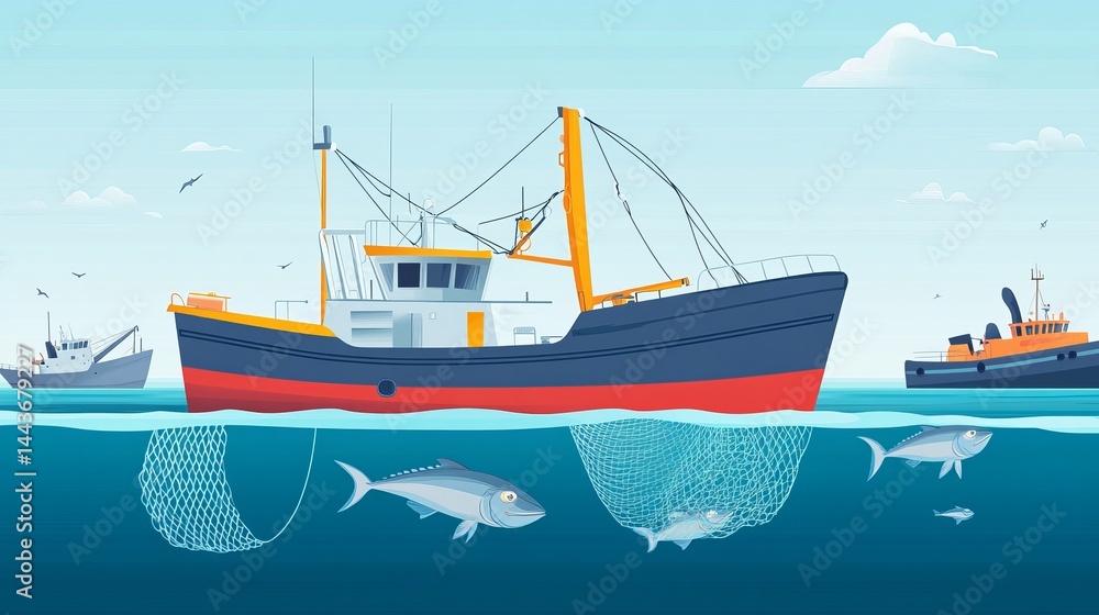 A set of commercial fishing ships depicted with full fish nets underwater. Includes fishing boats with yellow masts operating in the ocean, catching fish like tuna, herring, sardine A set of commercial fishing ships depicted with full fish nets underwater. Includes fishing boats with yellow masts operating in the ocean, catching fish like tuna, herring, sardine