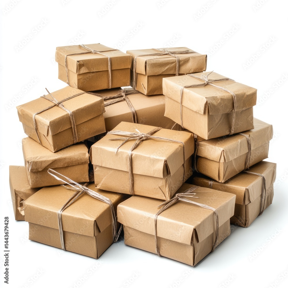 Stack of Brown Paper Packages Tied with String, Delivery Concept Stack of Brown Paper Packages Tied with String, Delivery Concept