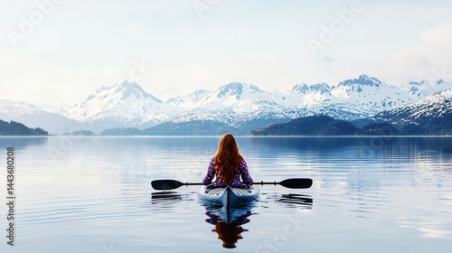   A woman paddles a kayak on a tranquil lake, framed by majestic snow-capped mountains in the distance