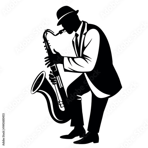 Black and white vector illustration of a silhouette of a man in a hat, suit and tie playing the saxophone.