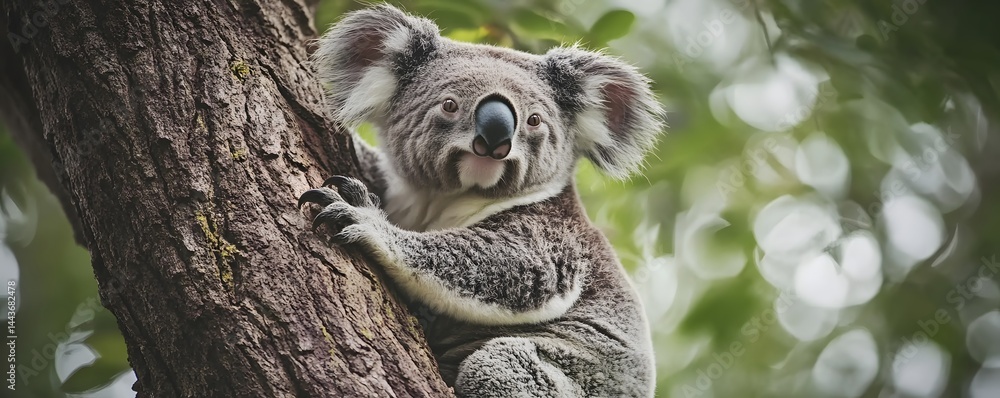 Fototapeta premium A captivating koala clings to a tree with sharp claws