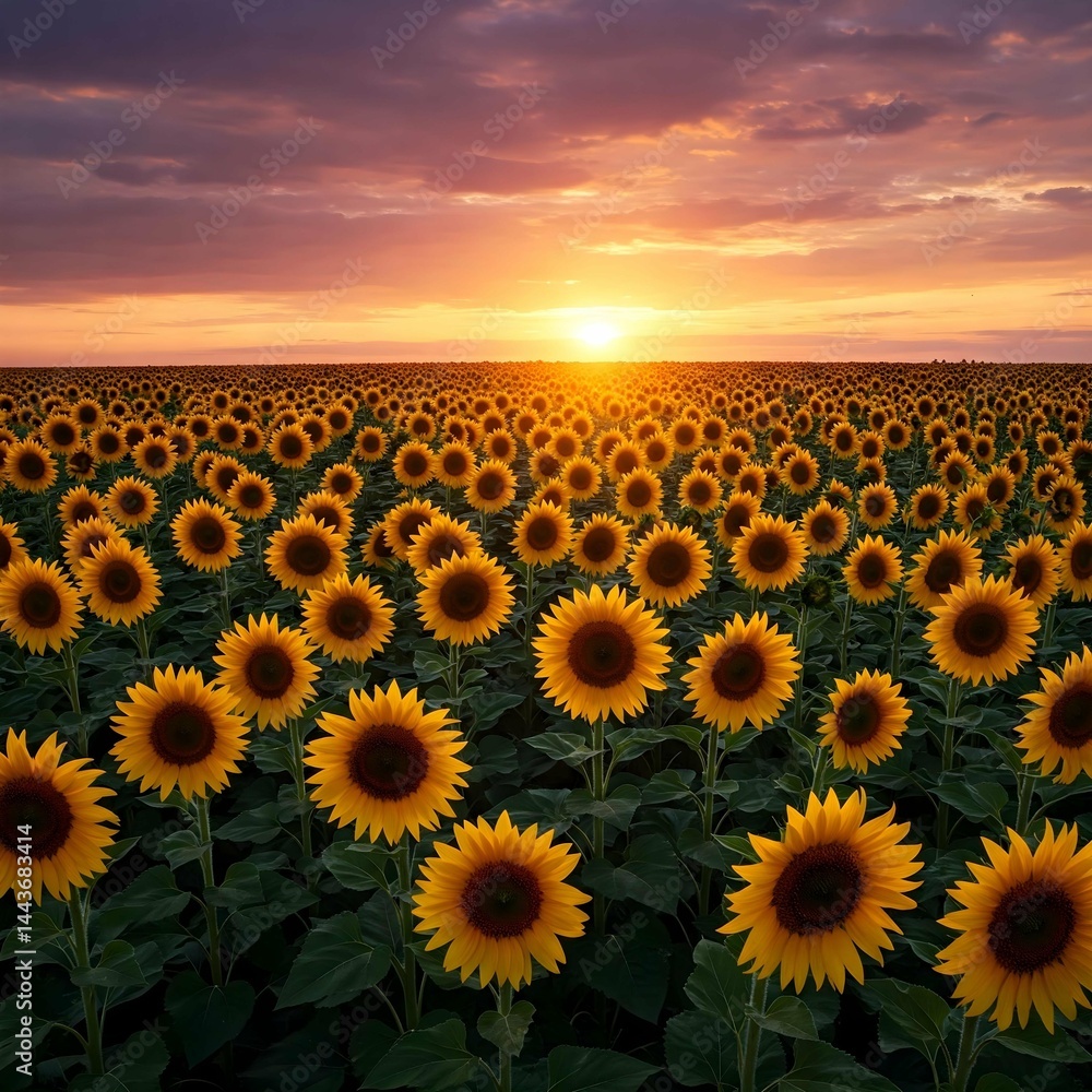 Obraz premium Vast field of golden sunflowers turned towards setting sun dramatic colorful cloudy sky melancholic cinematic atmosphere nature landscape photography rural scene