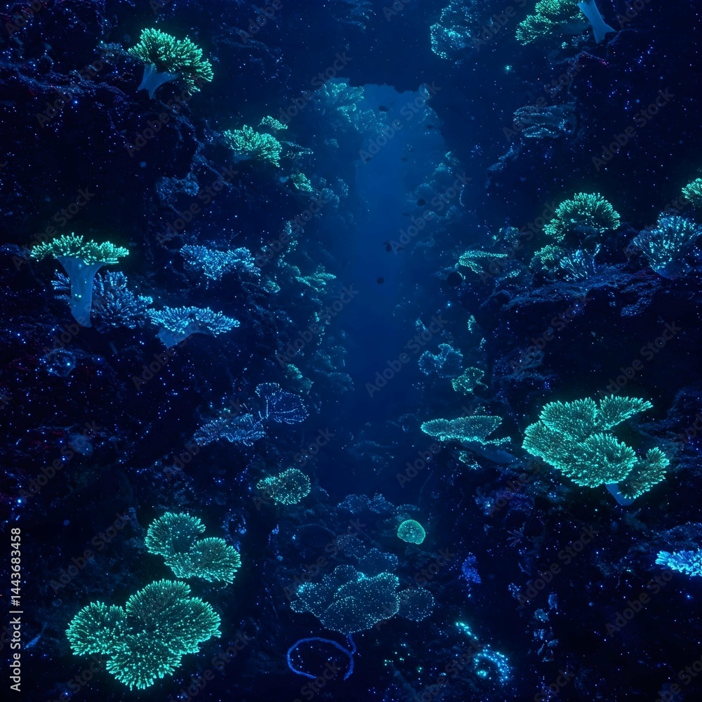 Fototapeta premium Deep Sea Bioluminescent Coral Reef Canyon View