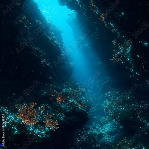 Wallpaper Mural Bioluminescent coral reef glowing marine life in dark deep sea underwater canyon illuminated by light beam cinematic exploration alien world fantasy art Torontodigital.ca