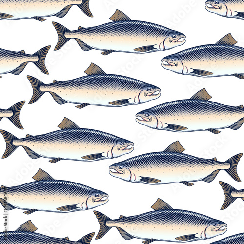 Seamless pattern Fish Salmon fillet, ink hand drawn vector illustration. Steaks slices. Engraved style vintage seafood. sea food restaurant menu, cooking recipe, product package, card