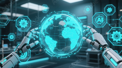 Global AI Integration Robotic Hands Manipulating Digital Earth