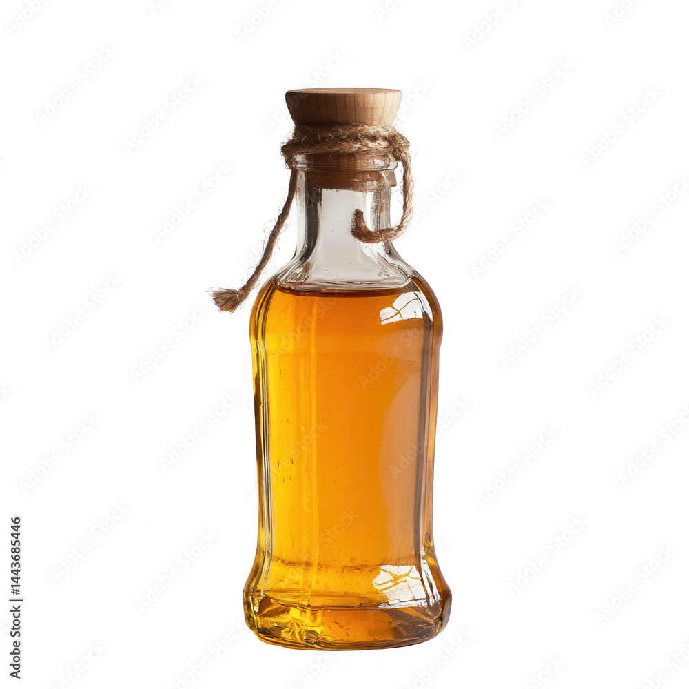 Golden liquid in glass bottle with cork top for cooking or aromatherapy use on transparent background Golden liquid in glass bottle with cork top for cooking or aromatherapy use on transparent background