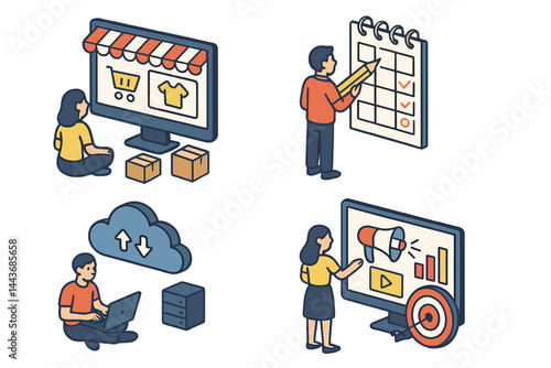Isometric 3D illustrations are available in a set that includes online shopping, planning, cloud technology, and digital marketing with characters
