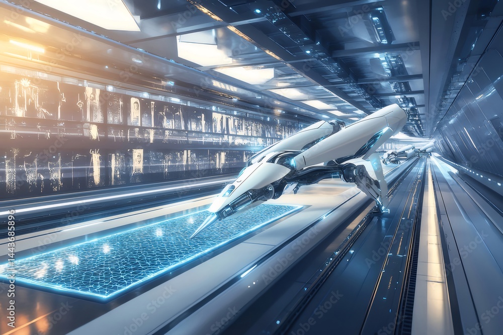 未来的な宇宙船が光の中で高速移動する近未来デザインの青いトンネル 未来的な宇宙船が光の中で高速移動する近未来デザインの青いトンネル