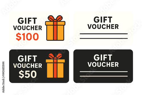 A set of gift card templates for shopping, including a gift box and dollar numbers, is presented in a vector illustration with front and back voucher layouts