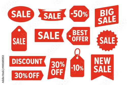 Collection of sale labels, including discount tags, red ribbons, banners, and icons, all on a white background as a vector illustration