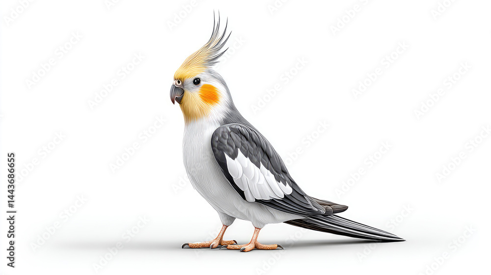 Obraz premium Side view of a parakeet with gray, white, and yellow feathers. Detailed plumage, perched posture, vibrant colours
