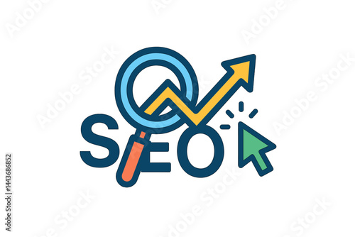 A minimal flat logo for SEO, incorporating a magnifying glass, arrow, and cursor symbol, features a multi-color design