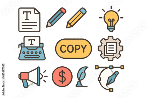 Vector line icons for copywriting are presented in a simple set, with editable strokes and a pixel perfect 48x48 size