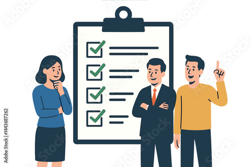 Vector illustration in modern flat design depicting a group of people with a clipboard, checklist, and checkmarks, representing concepts of business plan, marketing strategy, survey, completed tasks