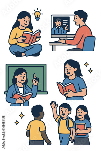 The concept of education is depicted through illustrations of people participating in different educational activities like learning, reading books, and taking online courses