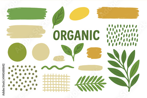 Hand-drawn graphic elements, such as brush strokes, textures, and patterns, are offered as vector illustrations for use in graphic and web design, packaging, and marketing materials for organic and