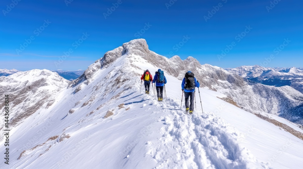 Hikers with Backpacks and Poles Alpine Style High-Definition Sharp Focus Landscape Wide Shot Snowy Ridge Ascent Breathtaking Mountain Vista Vivid Cold Tones Ideal for Adventure Tourism Hikers with Backpacks and Poles Alpine Style High-Definition Sharp Focus Landscape Wide Shot Snowy Ridge Ascent Breathtaking Mountain Vista Vivid Cold Tones Ideal for Adventure Tourism
