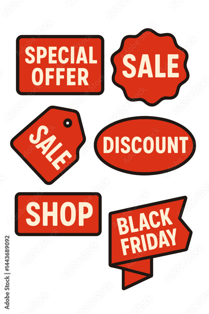Vector illustration featuring a set of sale badges, premium tags, and labels, along with a template banner designed for shopping and promoting special offers, sales, discounts, and Black Friday Vector illustration featuring a set of sale badges, premium tags, and labels, along with a template banner designed for shopping and promoting special offers, sales, discounts, and Black Friday