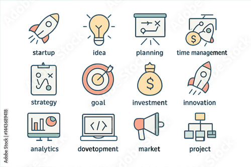 The startup project and development elements icon set is presented in a minimal thin line style, with a collection of outline icons and simple vector illustrations