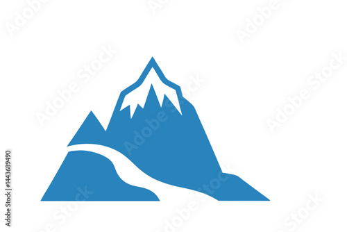 Minimalist mountain landscape with a winding trail in serene blue tone