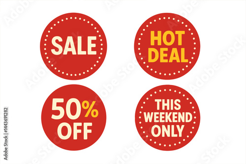 A set of round banners for sales and a collection of circular tags for special offers, including a hot deal badge template with 50% off, available only this weekend