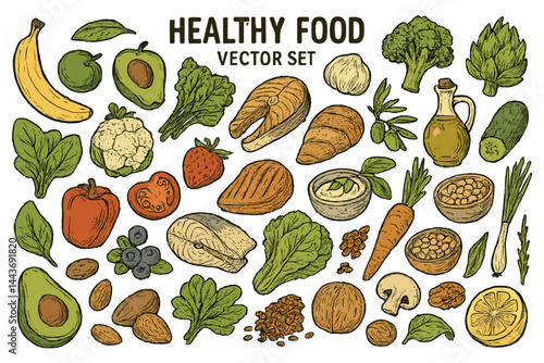 Big vectors illustrate a vast set of healthy food ingredients through hand-drawn sketches, with each object isolated