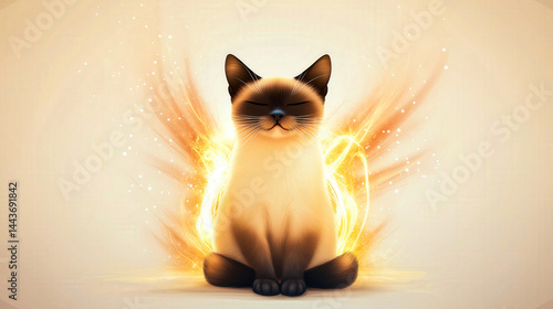 Siamese cat meditating with glowing magical aura surrounding its serene and peaceful posture image