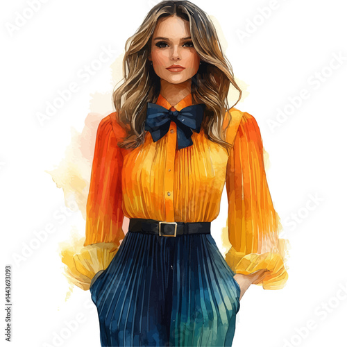 watercolor of Pleated Chiffon Blouse With A Bow Tie, vector, isolated on a white background.