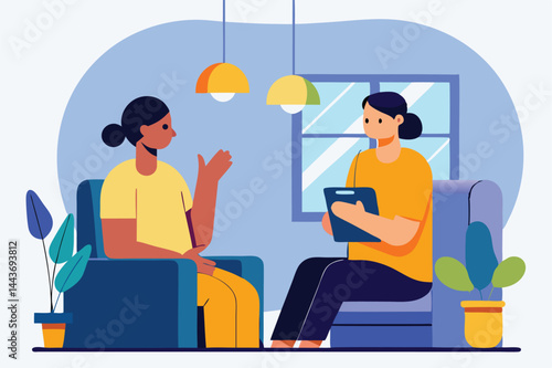 African woman shares experiences with therapist, who listens attentively while taking notes during session