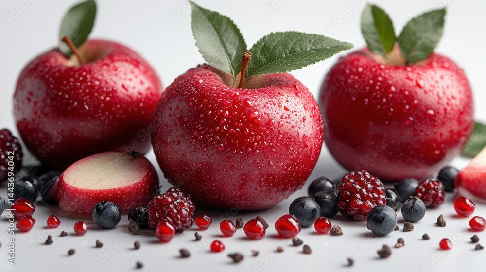 Three red apples with leaves and mixed berries on a white surface. Three red apples with leaves and mixed berries on a white surface.