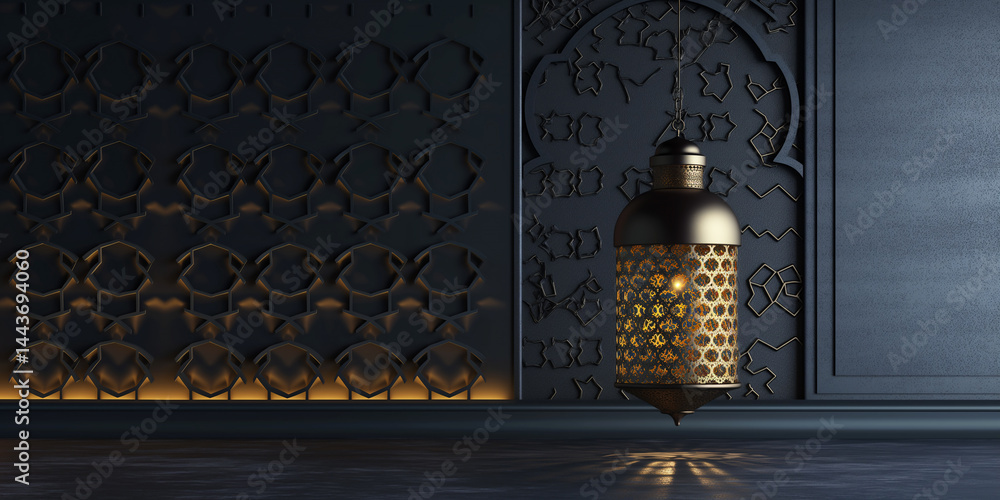 Traditional Islamic geometric design with lantern on grey, perfect for cultural and festive themes
