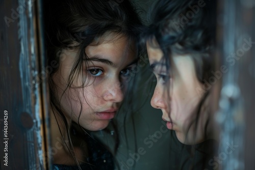 A teenager struggling with body image and self-esteem issues, gazing into mirror while battling an eating disorder