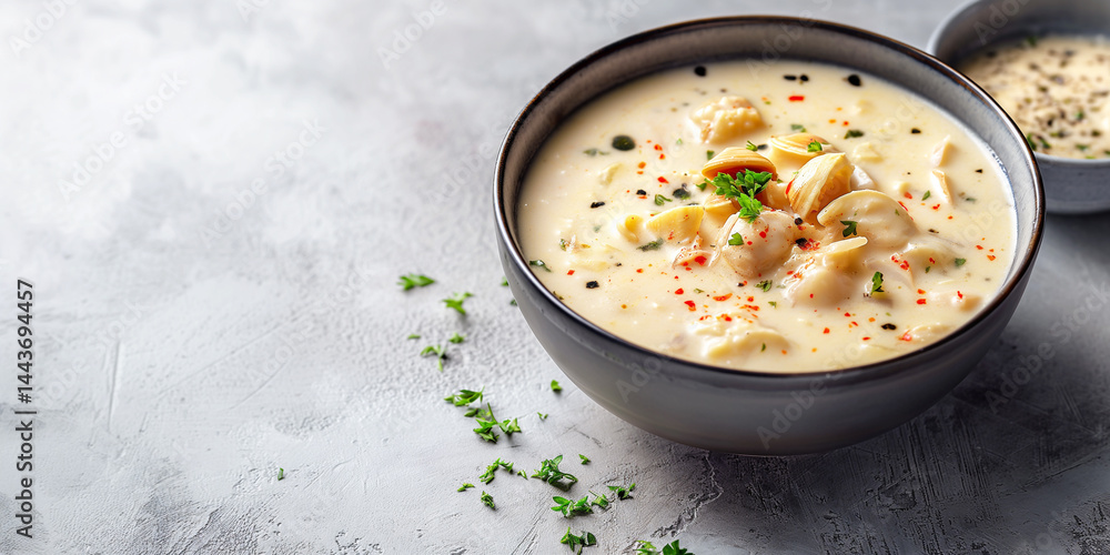 Clam Comfort Left: Hearty chowder bowl set left, light grey void right for text