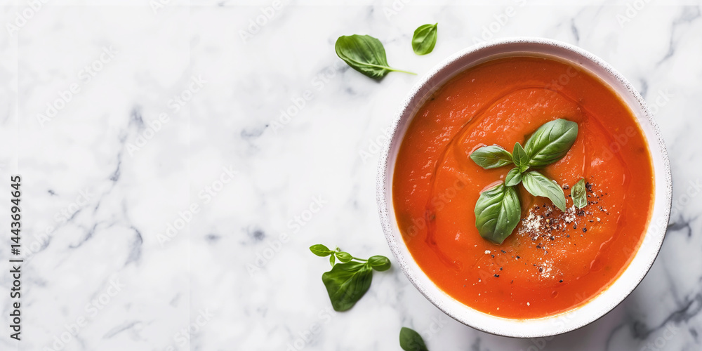 Marbled Elegance: Right-aligned tomato soup bowl on white marble, left blank for text