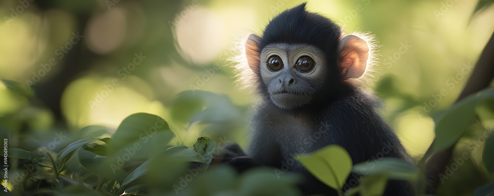 Obraz premium Adorable baby monkey nestled amongst lush green leaves