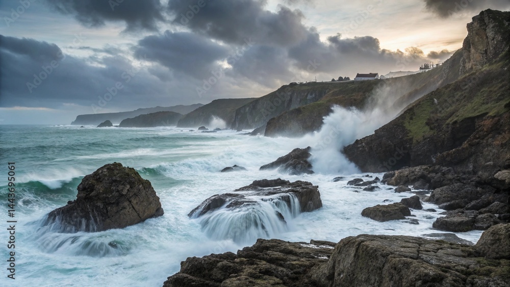 Dramatic Waves Crashing Against Rugged Coastline Dramatic Waves Crashing Against Rugged Coastline