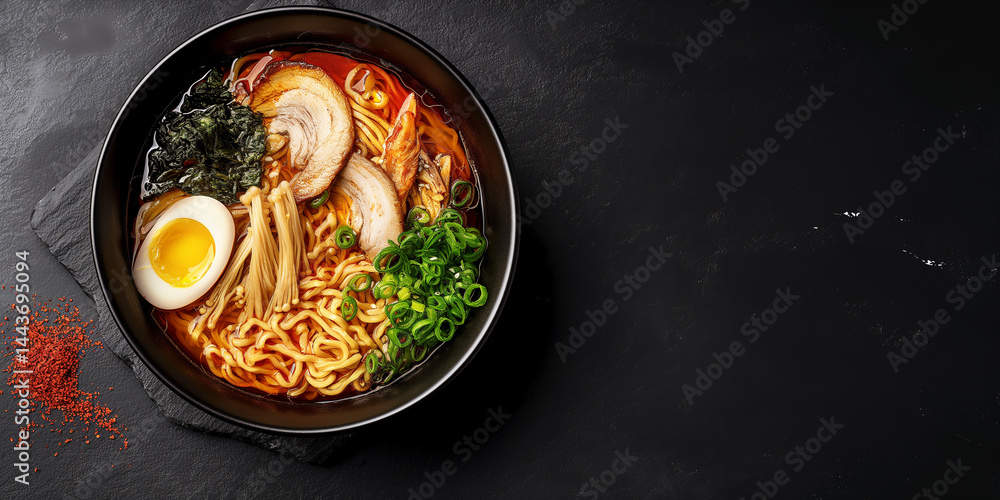 Ramen Heat Left: Spicy noodle bowl perched on dark slate, right side blank for text