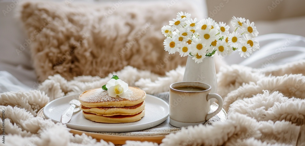 Morning Comfort: Stack of pancakes, steaming mug, and blooms on a cozy bedspread with open space