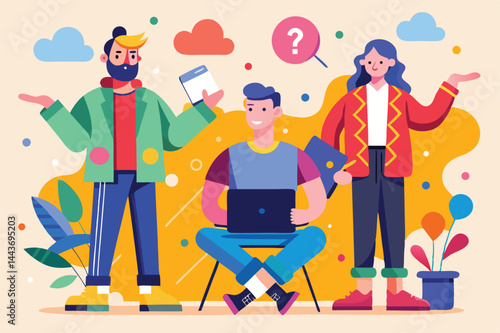 Three stylized people stand around a laptop with questioning cloud design background