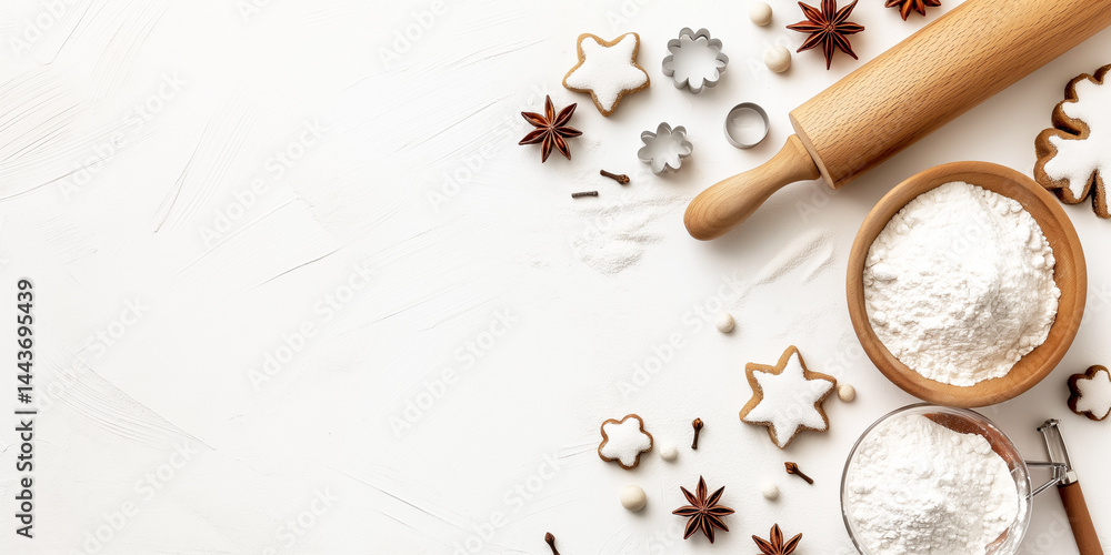Minimal Bakery: Rolling pin, flour, and shapes arranged simply on a bright surface