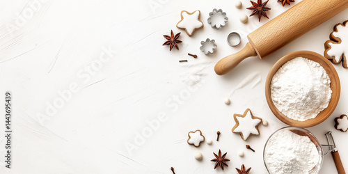Obraz na płótnie Minimal Bakery: Rolling pin, flour, and shapes arranged simply on a bright surface w salonie