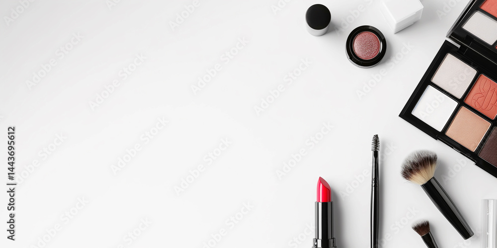 Minimalist and modern, this makeup arrangement on a white backdrop is perfect for cosmetic brands, fashion visuals, or lifestyle content, with plenty of copy space